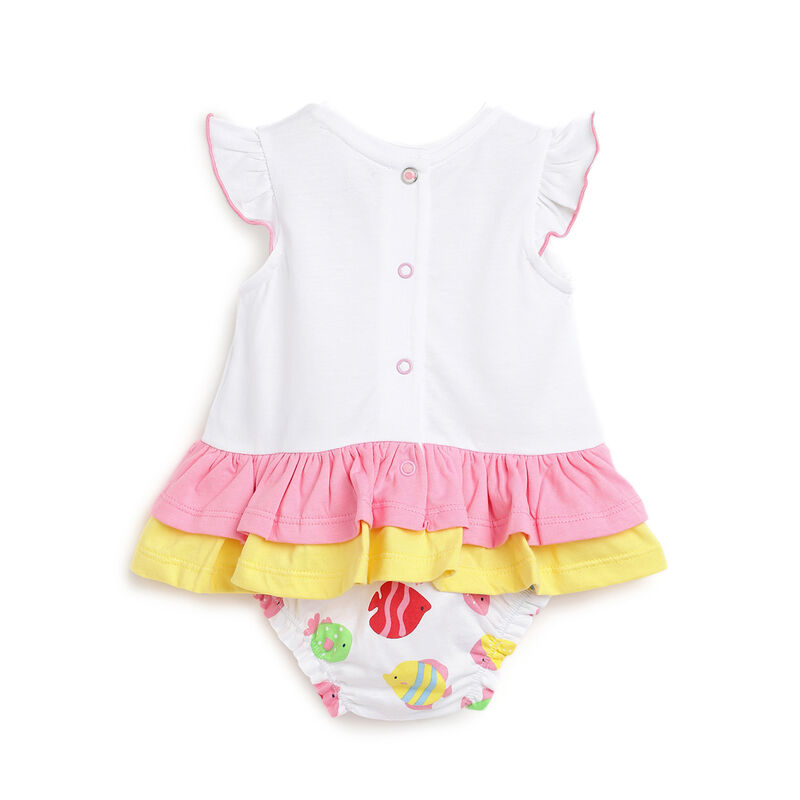 Girls White & Pink Printed Short Sleeve Rompers image number 1